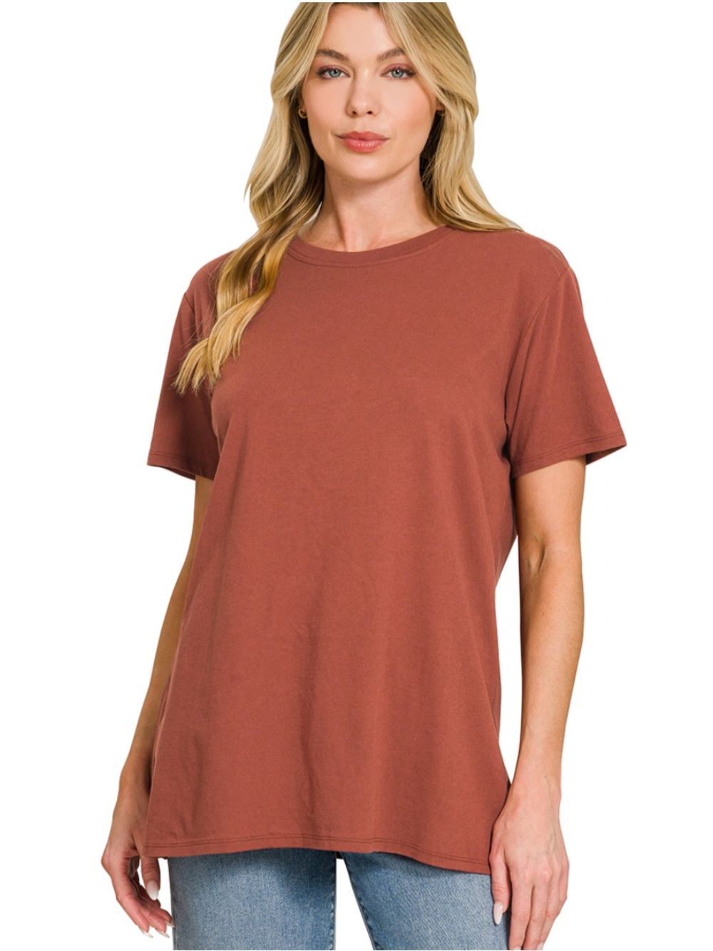 Zenana Rust Cotton Round Neck Short Sleeve Tee Top